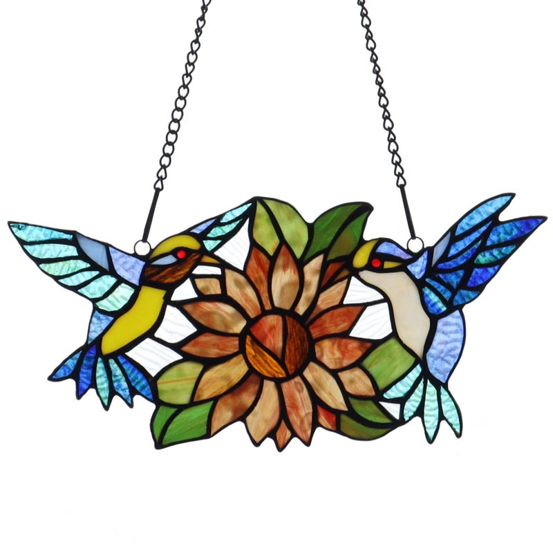 Bieye W10006 Hummingbirds Flower Tiffany Style Stained Glass Window Hangings Panel with Chain, 15" W x 7" H - Image 1